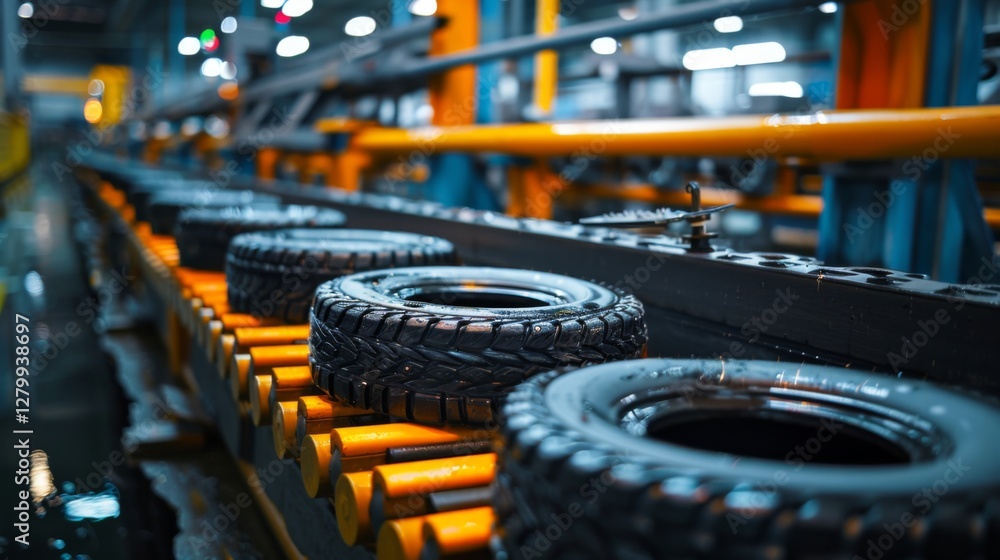 Poster a busy production line is seen with tires being processed efficiently in a contemporary manufacturin