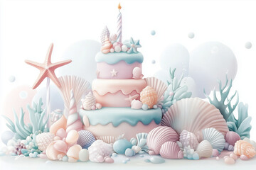 Watercolor illustration of a birthday cake made of stacked seashells clipart, unique and elegant coastal theme, isolated on white background