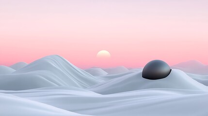 Dark Sphere Nestled in White Rolling Hills at Sunset