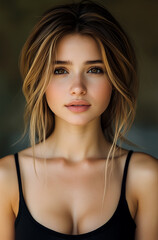 Woman with long brown hair and a black tank top