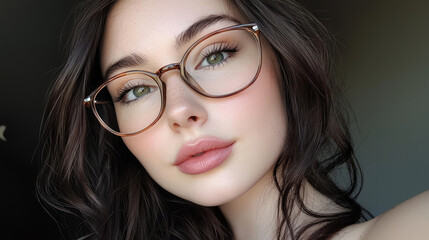 Fototapeta premium A selfie of an attractive woman with dark hair and glasses, wearing large, rectangular-framed brown eyeglasses, generative AI