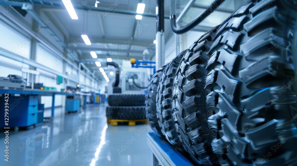 Poster Durable tires are being manufactured in a spacious factory. Advanced machinery operates efficiently in a clean and organized environment, showcasing the production line.
