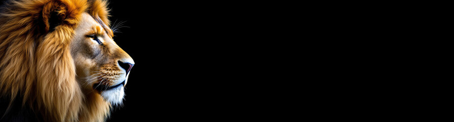 Naklejka premium A majestic lion in profile with a golden-brown mane, regal features, and closed eyes against a black background.