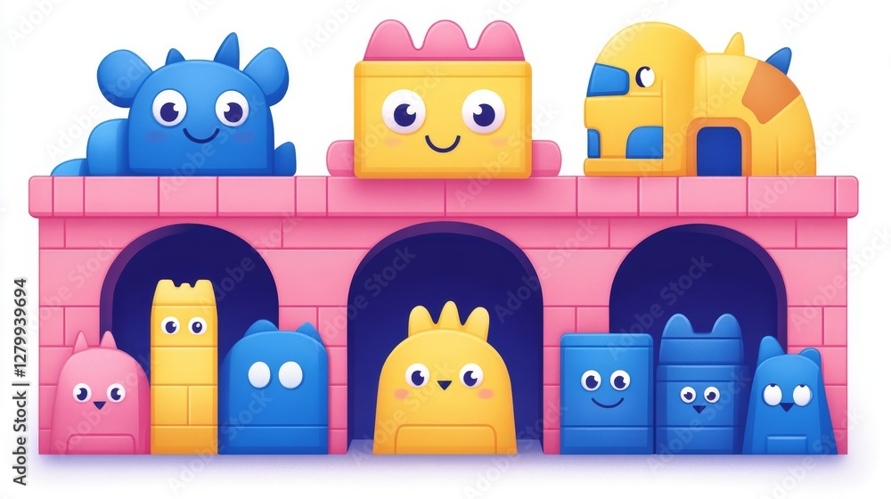Poster pixelated paladins adorable animated cartoon characters building block set display of happy digital 