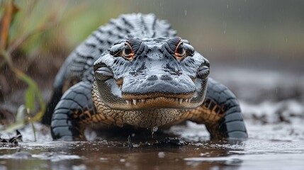 Fototapeta premium Alligator emerges, swamp rain, wildlife closeup