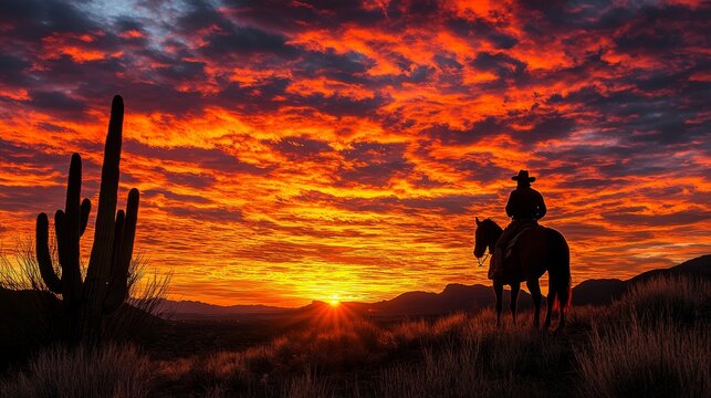 dramatic desert sunset with a silhouette of cacti, a lone rider on horseback, and the sky ablaze with fiery colors, Generative AI