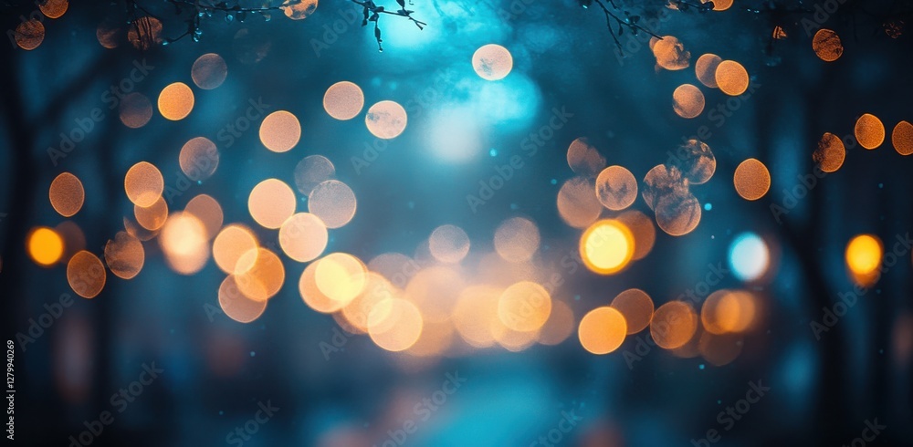 Poster soft blue and orange bokeh background with delicate light effects in a rainy urban setting for artis