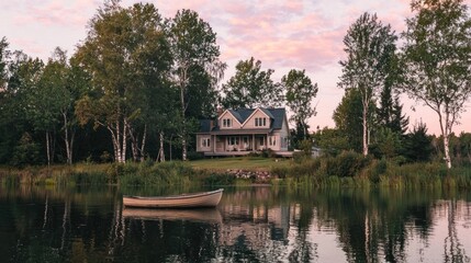 Fototapeta premium Lakeside house at sunset, tranquil scene with rowboat.