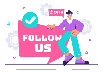 Follow Us and Like Vector Illustration for Social Media Advertisements, Featuring Users Engaging with an Interesting Page to Gain Followers