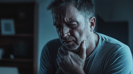 Fototapeta premium A man coughing intensely while holding his chest, showing symptoms of lung disease, with a concerned expression in a dimly lit room.
