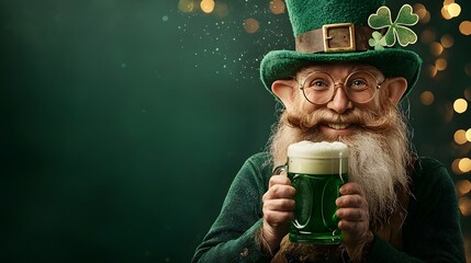 Festive Photograph of a Smiling Leprechaun Holding a Frothy Mug of Green Beer Isolated on a Dark Green Background for a Celebratory St  Patrick s Day Theme