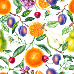 Botanical pattern watercolor with plants fruits and flowers. Pear, plum, orange, cherry pattern for design of textiles, fabrics, packaging etc.



