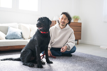 Living room owner living at home with a large dog Aim! Living room free doggie whole body