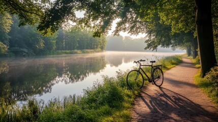 Obraz premium A parked bicycle beside a peaceful lakeside path, reflecting on the still water as soft morning light filters through the trees.
