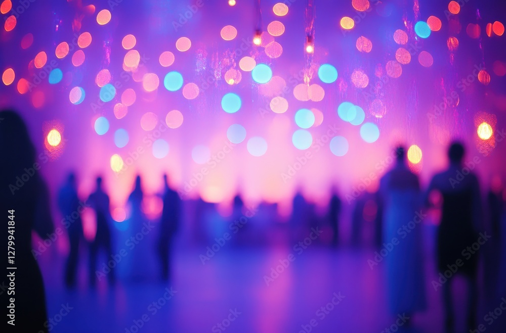 Poster softly blurred lights create an enchanting atmosphere at an elegant event with joyful guests minglin