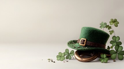 Enchanting golden horseshoe with a small Leprechaun s green hat resting on top isolated on a pristine white background capturing the essence of Irish luck and folklore