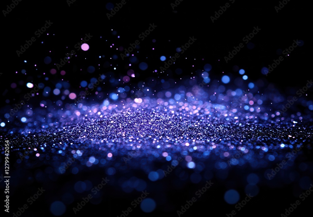 Poster sparkling blue and purple glitter particles on a dark background creating a magical abstract texture
