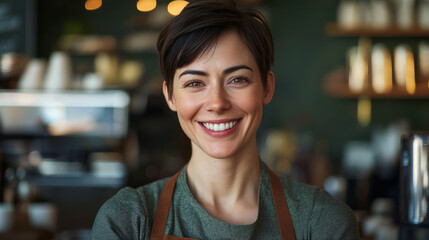 A happy woman with short hair wearing an apron, smiling at the camera in a coffee shop, generative AI