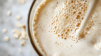 of a milk frother creating a smooth oat milk latte, with minimal distractions in the background 