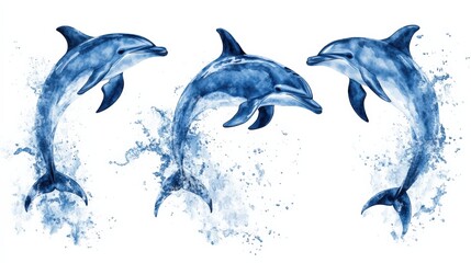 Fototapeta premium Three playful dolphins leaping through splashes of water against a white background