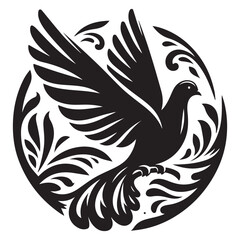 Dove Bird Silhouette Vector Illustration, Solid White Background.