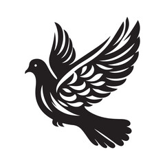 Dove Bird Silhouette Vector Illustration, Solid White Background.