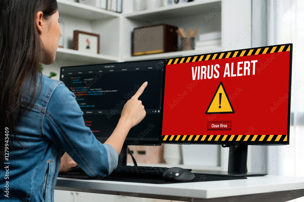 Poster virus warning alert on computer screen detected brisk cyber threat , hacker, computer virus and malw