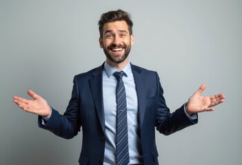 business man doing a welcoming gesture