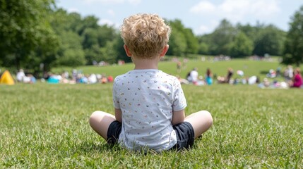 Child meditating in park, onlookers, sunny day, relaxation, possible stock photo