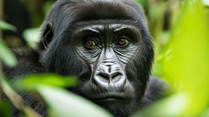 Fototapeta premium Closeup Portrait of a Powerful Black Gorilla in Lush Green Rainforest