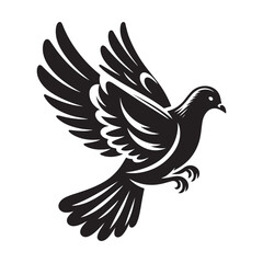 Dove Bird Silhouette Vector Illustration, Solid White Background.