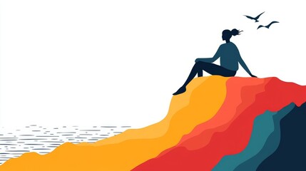 Abstract illustration of a woman meditating atop a colorful pixelated cliff overlooking the ocean and sky landscape with birds flying