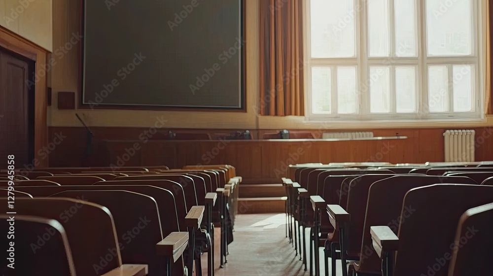 Poster empty lecture hall with neatly arranged chairs and a presentation screen, copy space.