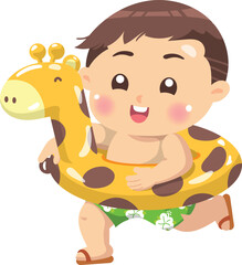 The boy wearing a swimming ring and running white background