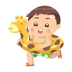 The boy wearing a swimming ring and running white background