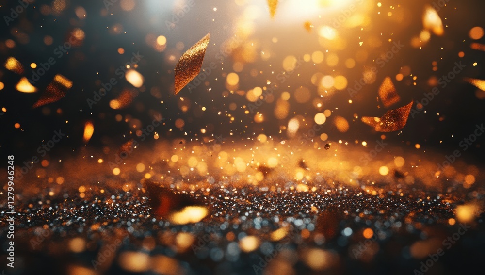 Poster sparkling golden particles and glittering dust in soft focus on dark background creating an enchanti