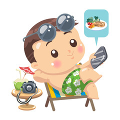 cartoon boy sitting on beach chair and relaxing on summer vacation