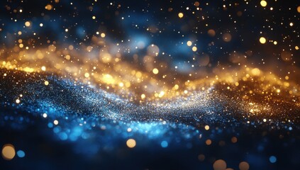 Fototapeta premium Sparkling Particles and Shimmering Lights in a Blue and Golden Abstract Background for Creative Projects and Digital Designs