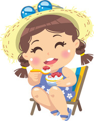 cartoon girl sitting on beach chair and eating eating shaved ice
