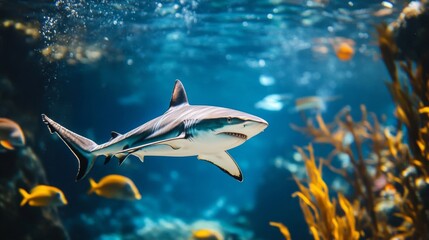 Naklejka premium Underwater Grey Reef Shark Swimming Among Yellow Fish and Coral