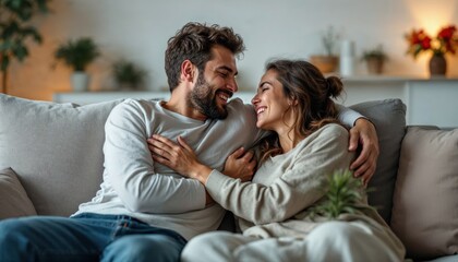 happy couple sitting on sofa