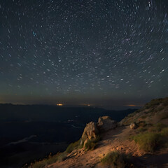 Celestial Dance: Witness the captivating beauty of a star trail over a majestic mountain, painted across the night sky. Experience the serenity of the vast cosmos, illuminated by a thousand stars.