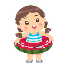 The girl wearing a watermelon swimming ring and happy