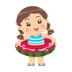 The girl wearing a watermelon swimming ring and happy