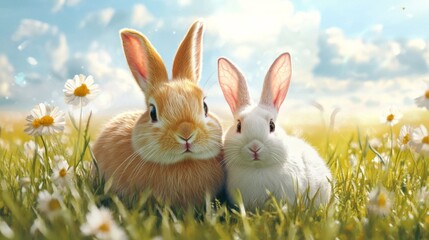 Obraz premium Two Cute Rabbits in a Sunny Daisies Field