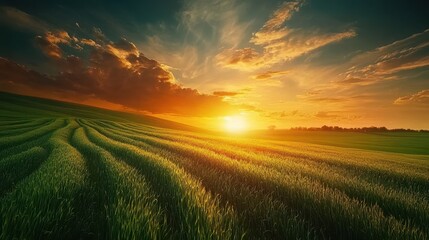 Obraz premium Sunset over rolling green field, vibrant sky. Ideal for agriculture, nature, and serenity themes, evokes peace and tranquility.