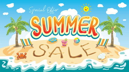special offer summer sale font art with beautiful beach banner background