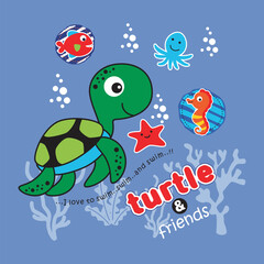 turtle and friends under sea,design cartoon vector illustration