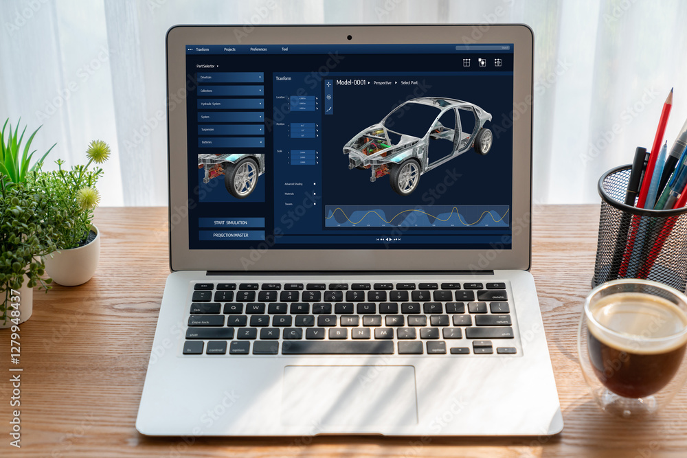 Poster electric car design software on computer screen showing simulation blueprint snugly by digital calcu