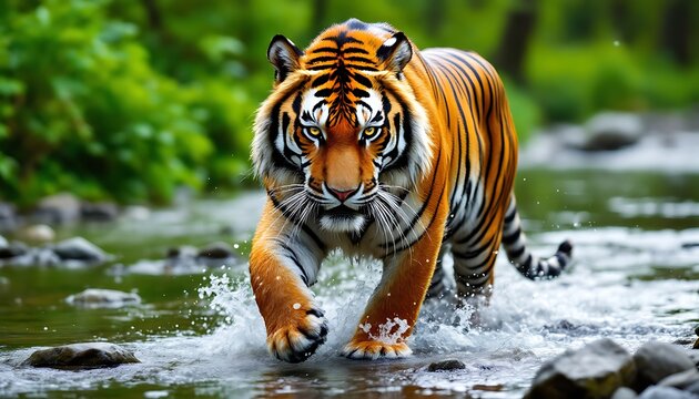 Majestic Tiger Walking Through Stream with Striking Orange and Black Stripes